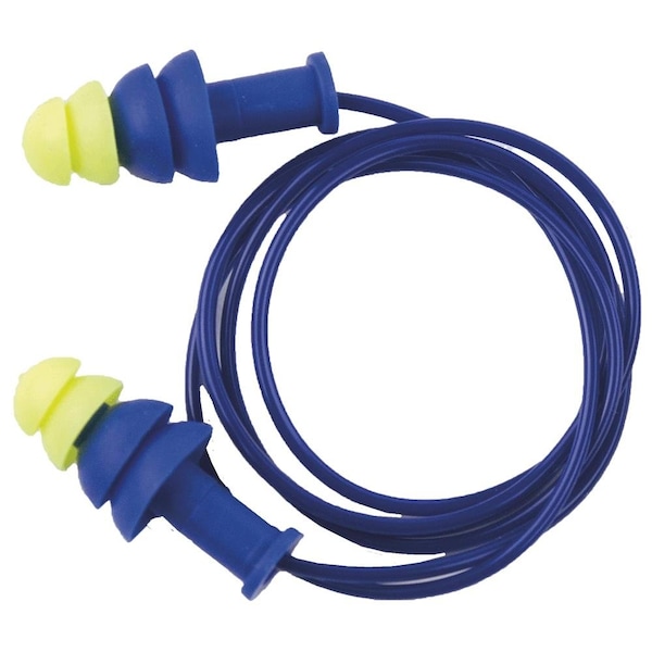 Reusable Non-Allergenic polymer Ear Plugs, Tapered Shape, 27 dB, Blue/High Visibility Green